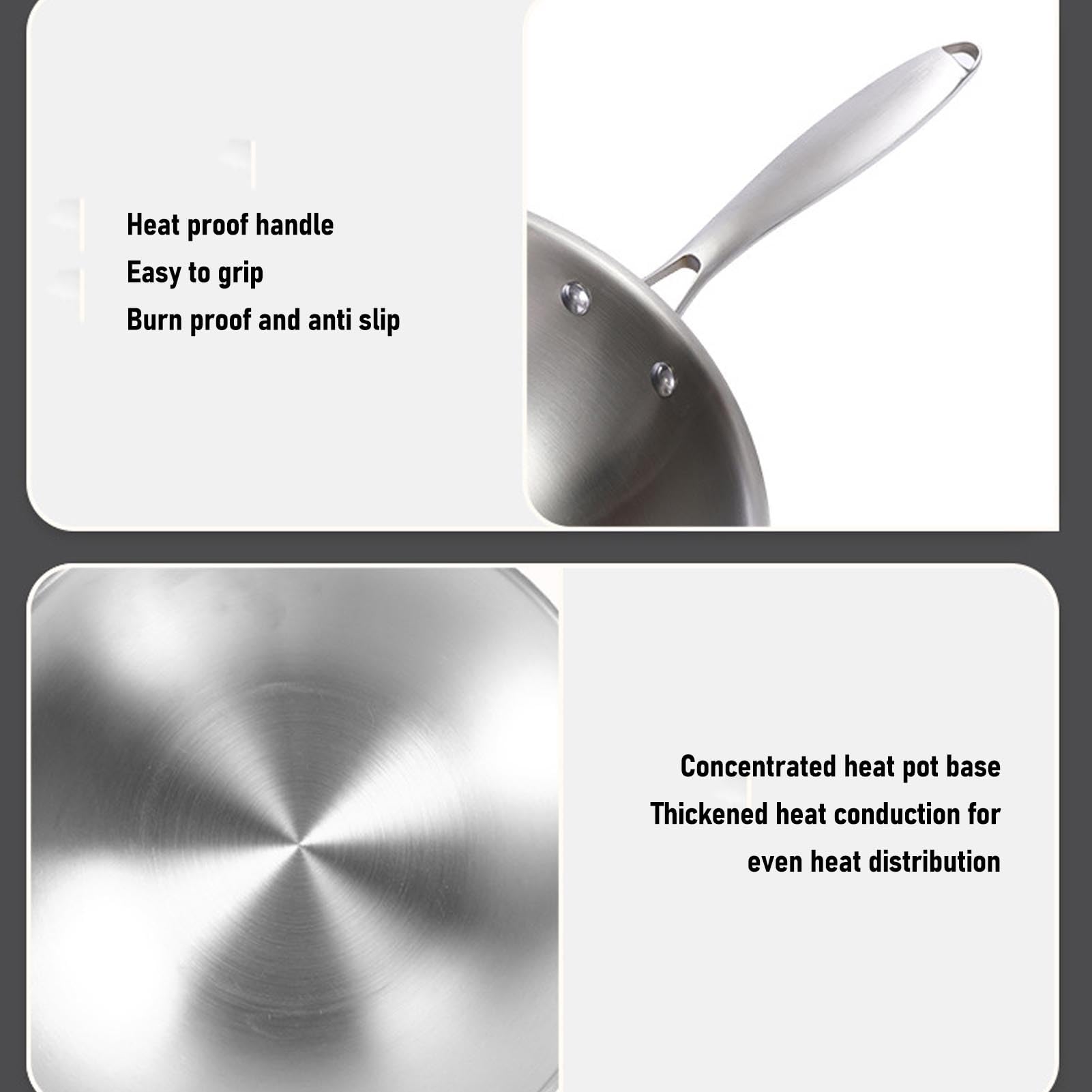 Cocoarm Wok de Acero Inoxidable, Acero Inoxidable 304 de Grado Alimentario con Núcleo de Aluminio para un Calentamiento Rápido y Uniforme, Compatible con Inducción, Apto para (34CM)