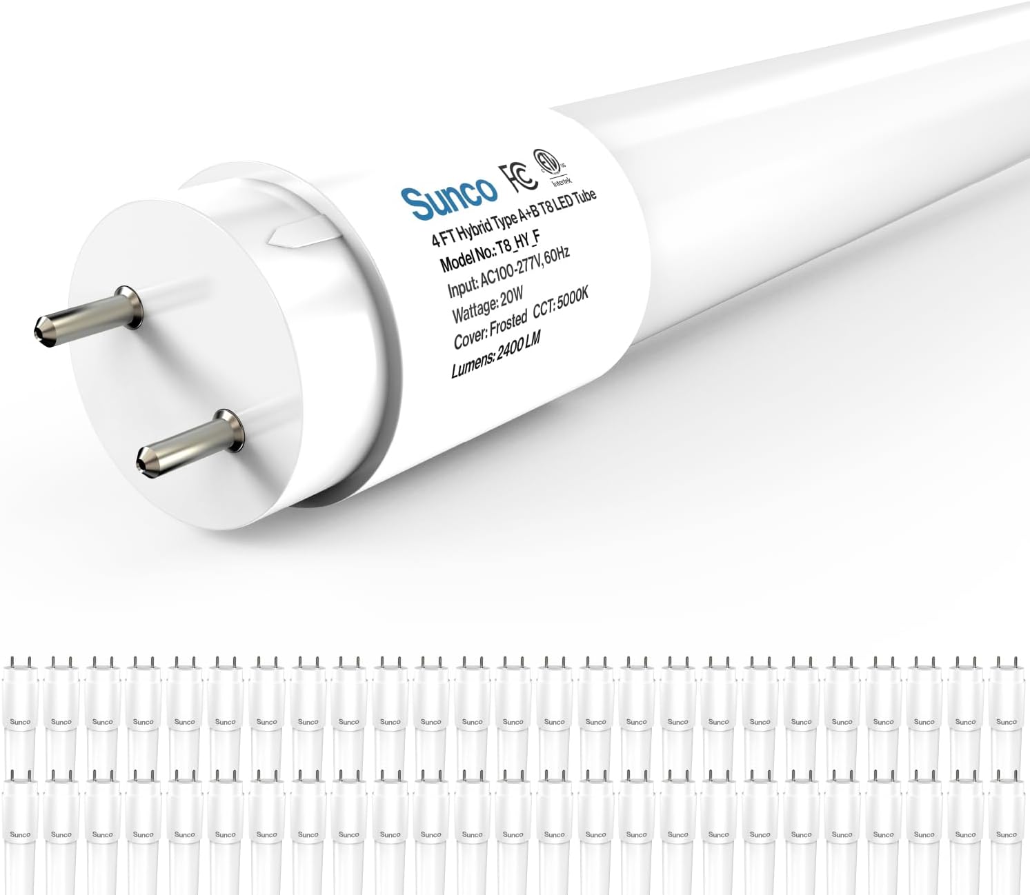 Sunco 50 Pack T8 LED Bulbs 4 Foot, 48 Inch Tube Light Bulbs Fluorescent Replacement, Single or Double Ended Hybrid Type A+B, 2400 LM, 20W, 5000K Daylight, Frosted Lens ETL