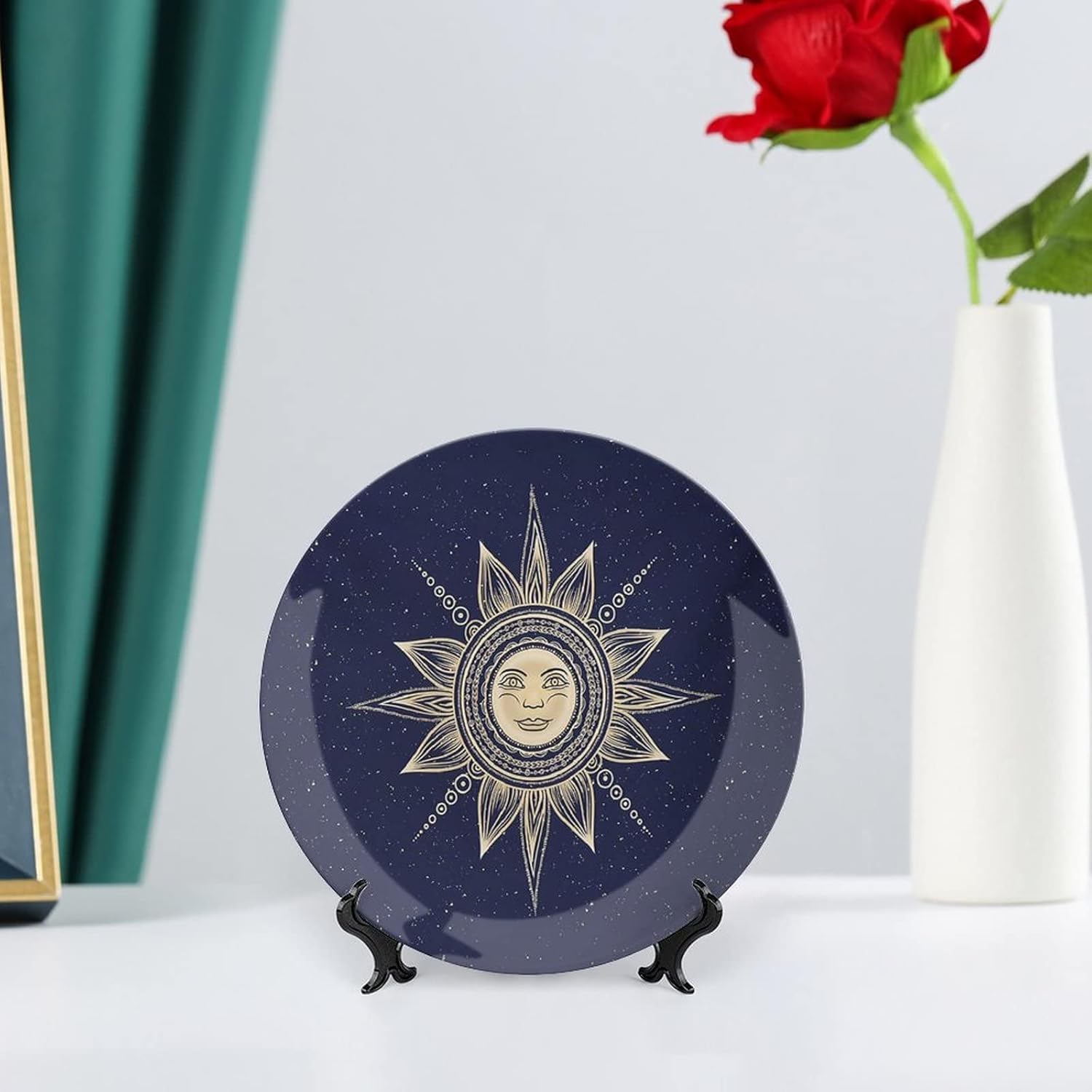 XISUNYA 10 Inch Decorative Plate, Psychedelic Tableware Plate, Vintage Occult Sun with Face Boho Print Ceramic Wall Hanging for Home Office Party Dinner Table Decor, Yellow Dark Blue