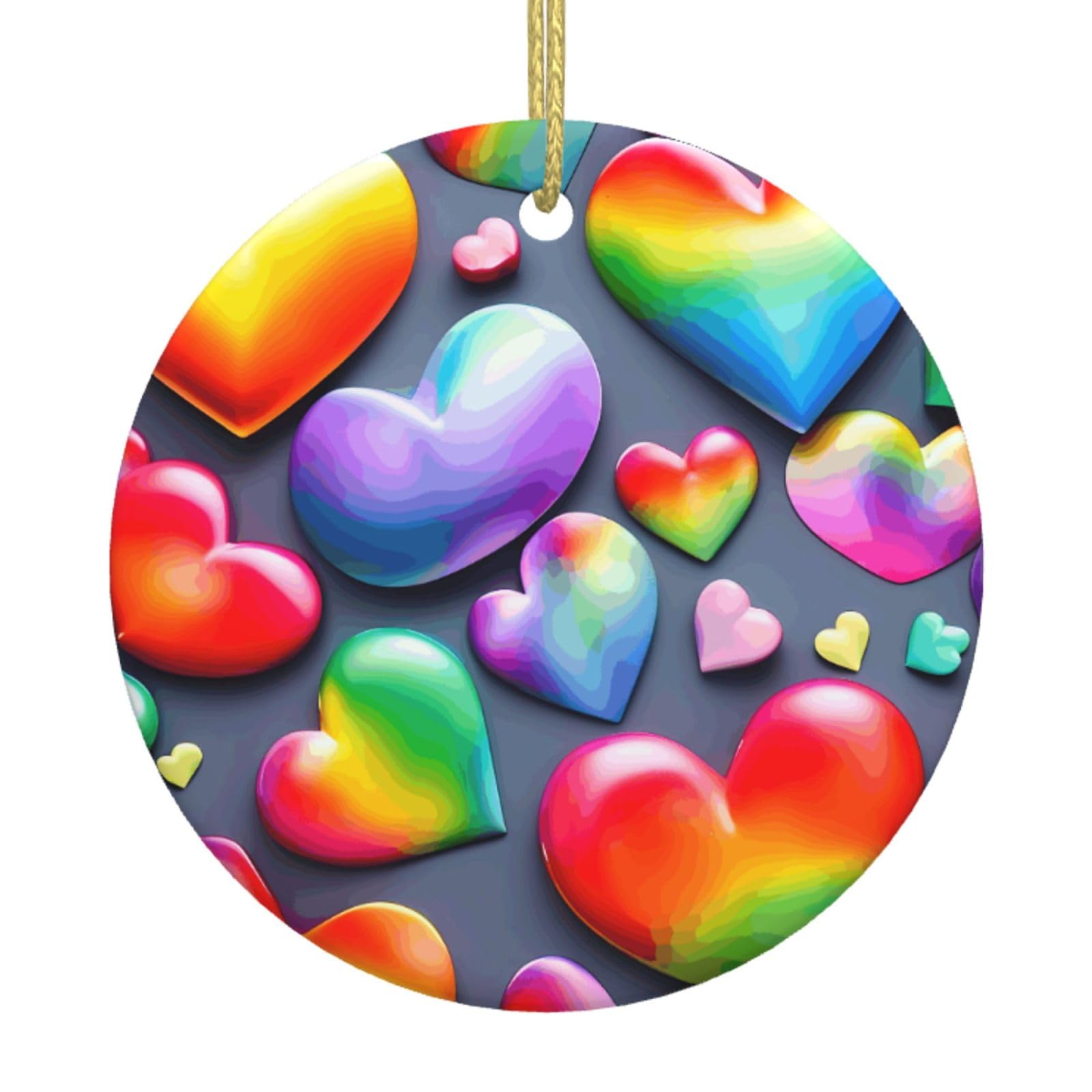 Rainbow-Colored Love Hearts Print Christmas Ornaments, Ceramic Hanging Ornament, Round Shape Decorations