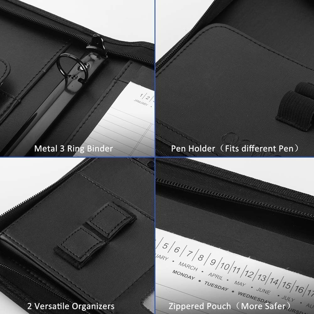 OOWOLF Porte-documents professionnel en cuir synthétique avec classeur à anneaux ronds de 21,6 x 27,9 cm, pour tablette, entretien, CV, documents, cartes de visite, fermeture éclair