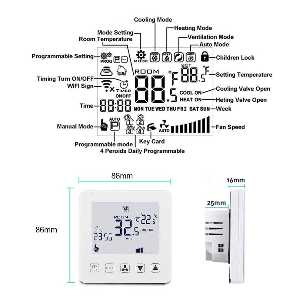 Termostato Aire Acondicionado Inteligente WiFi Unidad de Bobina de Ventilador Termostato para refrigeración Calefacción Pantalla táctil LED, Compatible con Amazon Alexa, Smart Life App