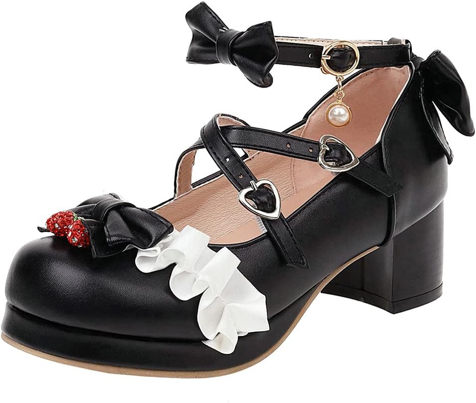 KOKOMOMO Womens Sweet Lolita Platform Shoes Kawaii Bow Mary Janes Low Block Heel Pumps