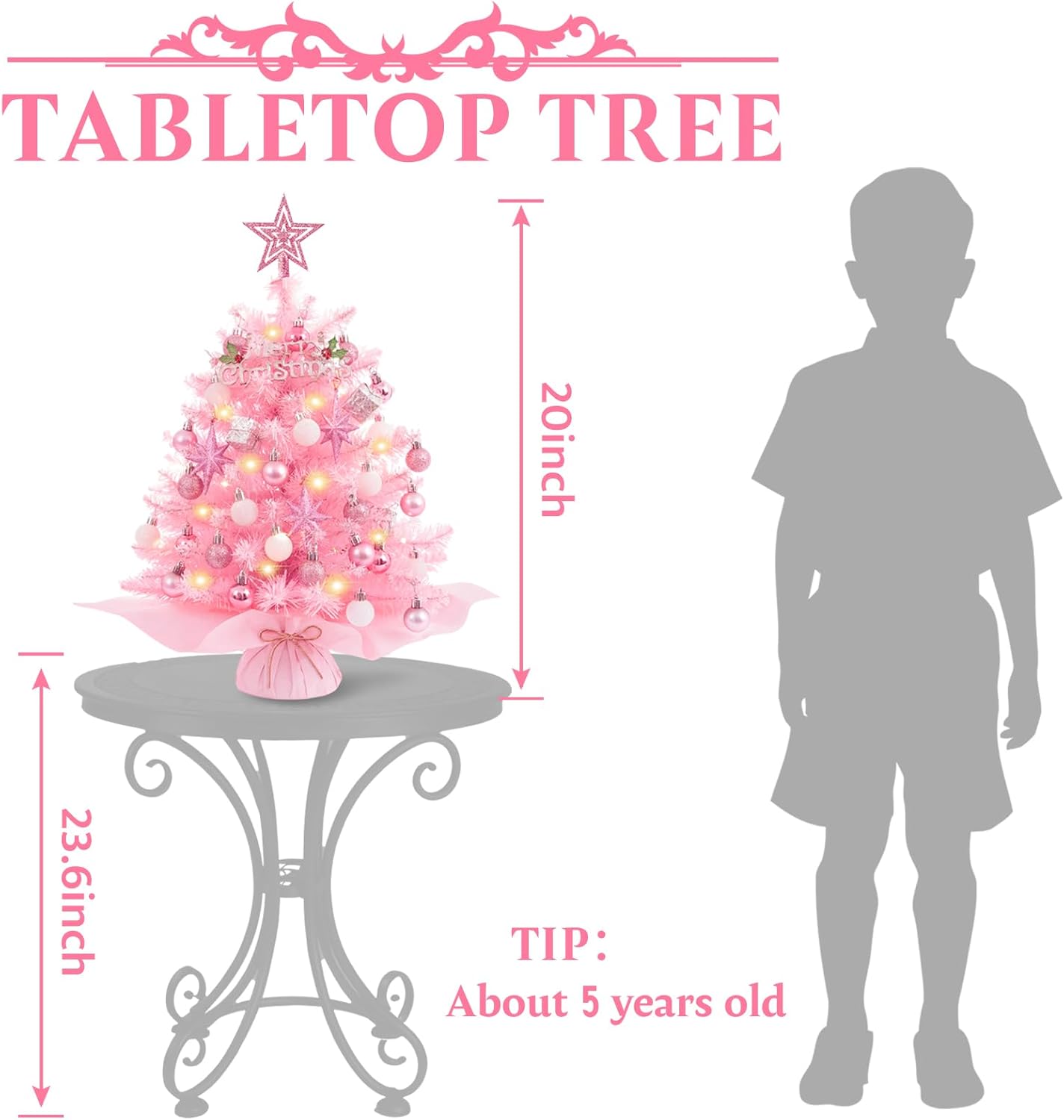 Condition photo showing Good Condition for XmasExp 20in Mini Christmas Tree with Lights Pink Small Christmas Tree Artificial Tabletop Xmas Decor Holiday Decoration for Home, Office, Party