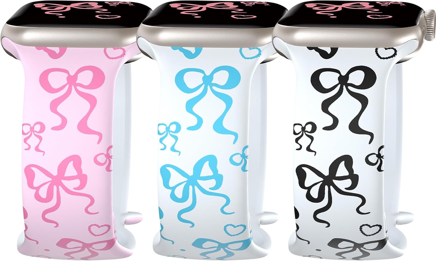 3 Pack Bands Compatible with Apple Watch Band 38mm 40mm 41mm 42mm 44mm 45mm 46mm 49mm, Cute Bowknot Pattern Soft Silicone Strap for iWatch Series 11 10 9 8 7 6 5 4 3 SE Ultra For Women Girl