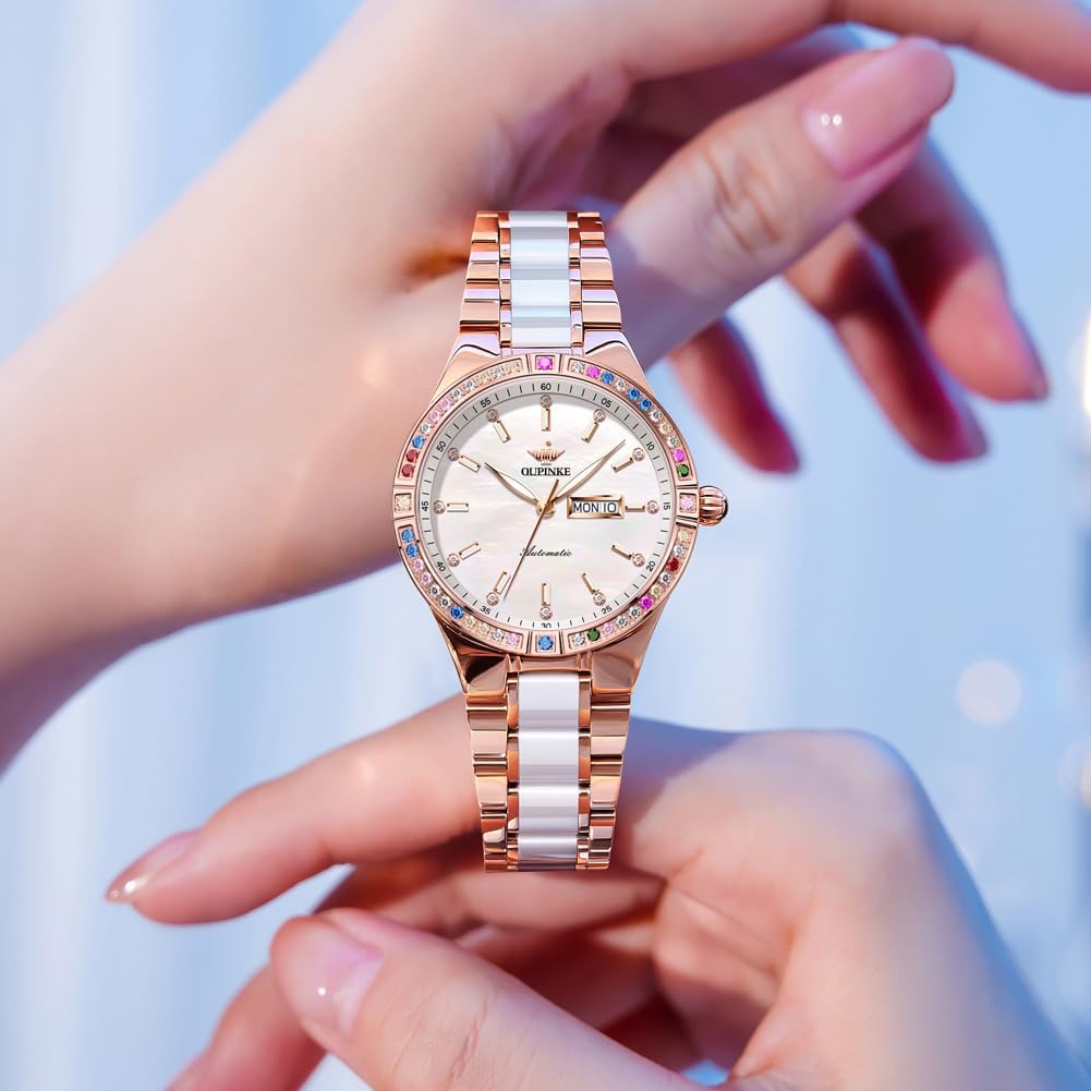 OUPINKE Women’s Automatic Watch Rose Gold Diamond Dial Luxury Elegant Wristwatch Sapphire Crystal Luminous Waterproof - Image 8