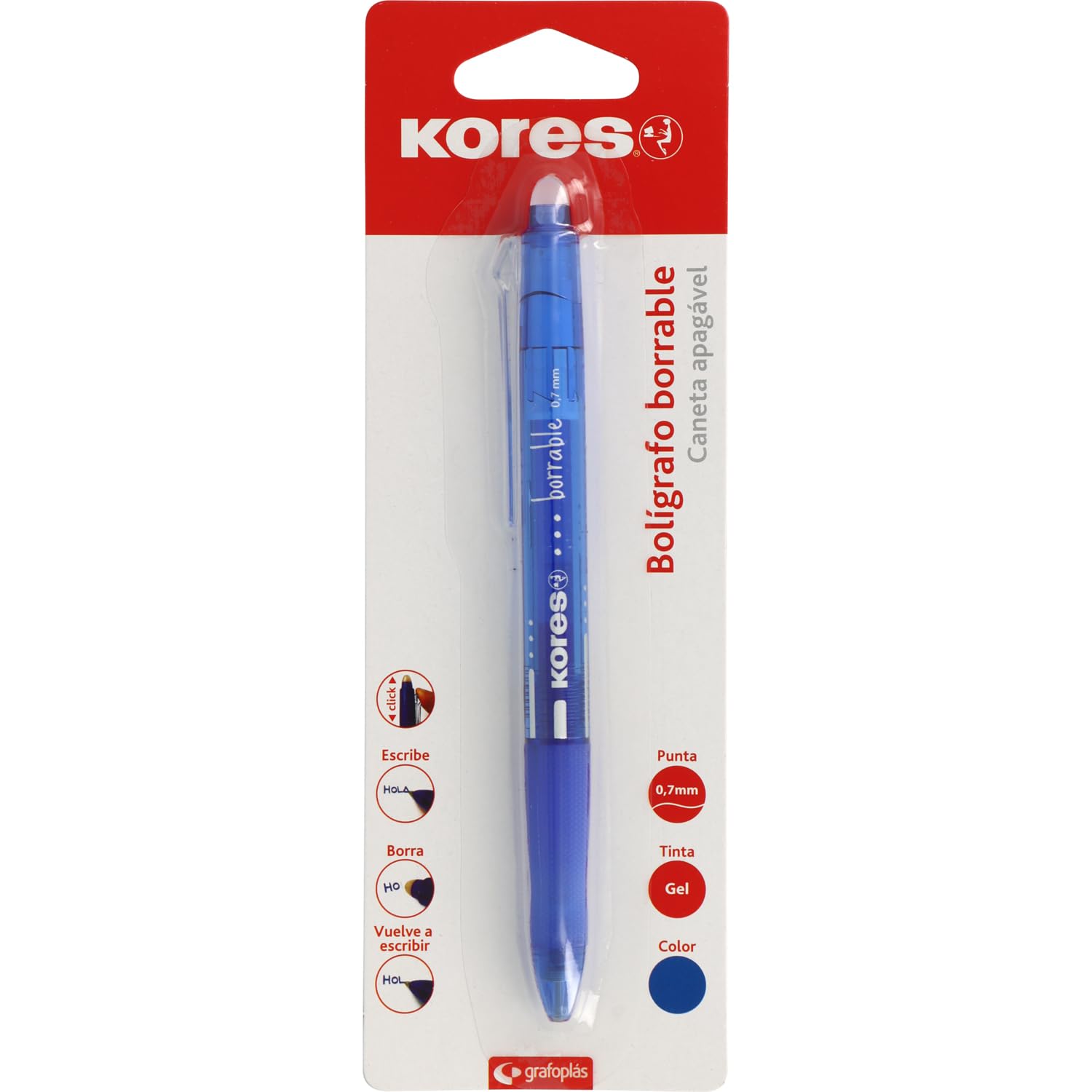 Kores | BG5 Blue Erasable Pen | Gel Ink | 0.7mm Tip | Retractable | Ergonomic Grip | No Smear | No Damage Paper | Leaves No Rubber Residues | Perfect School and Office Supplies