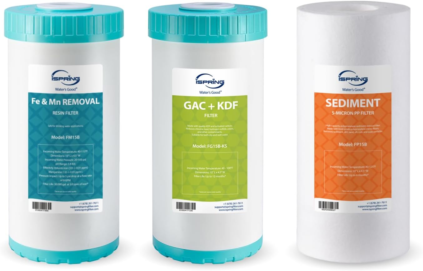iSpring F3WGB31BMKS Whole House Water Filter Replacement Pack, Reduces Iron, Manganese, Hydrogen Sulfide, Lead, Chlorine, Sediments, Up to 12 Months, 4.5” x 10”, Fits WGB31B-MKS