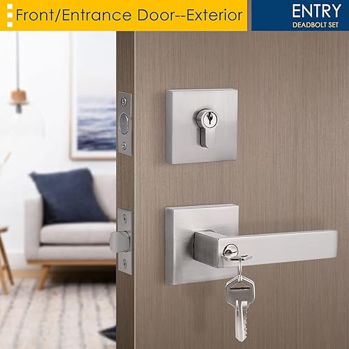 Miniatura 3 de Juego de palanca de puerta de entrada con llave y cerrojo de doble cilindro, cerradura reversible con llave igual, juego de manijas interiores y