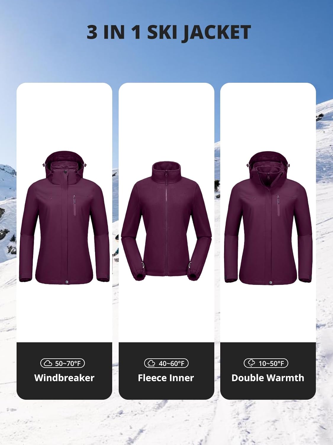 CAMEL CROWN Women's 3-in-1 Waterproof Ski Jacket Windproof Winter Coat Fleece Inner Snow Snowboarding Jacket Outdoor - Image 6