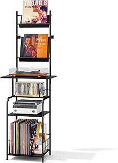 Record Player Stand with Vinyl Storage - 6-Tier Turntable Table with Adjustable Feet, Metal & Wood Cabinet - Console Organizer Display Shelf for Living Room, Apartment