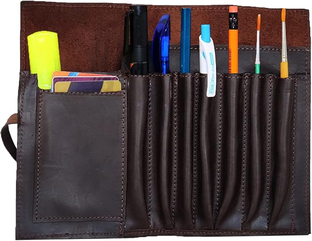 Genuine Leather Pencil Roll brush Case Pen Holder Organizer Brushes Ruler Stationary Pouch Gift for Students Artist Painter & writer String Closure Vintage