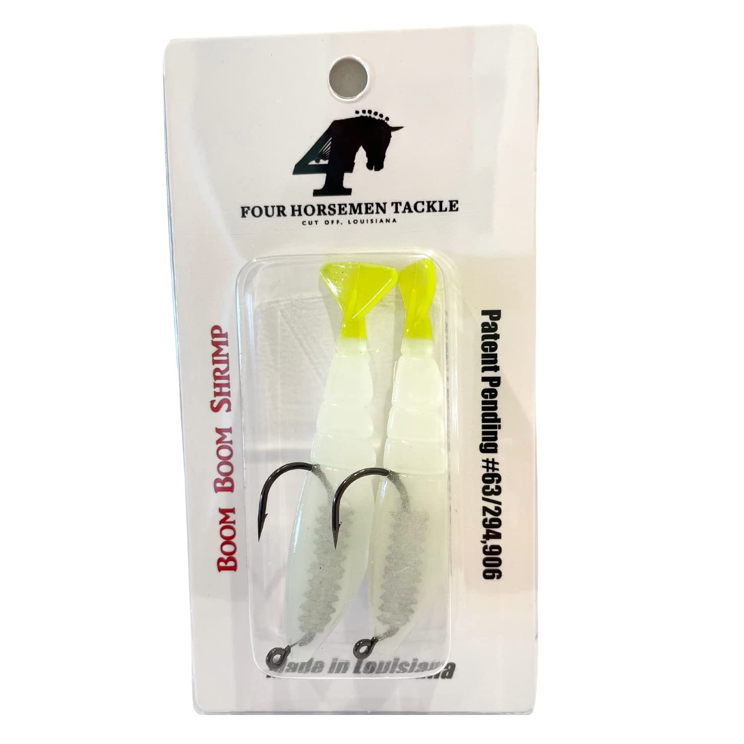 Four Horsemen Boom Boom Plastikowa przynęta na krewetki Wyprodukowano w USA Przynęty wędkarskie w słonowodnych pstrągach karmazyn - 1/8 Deathgrip Jighead Hamead - Zawiera 2 przynęty pływakowe