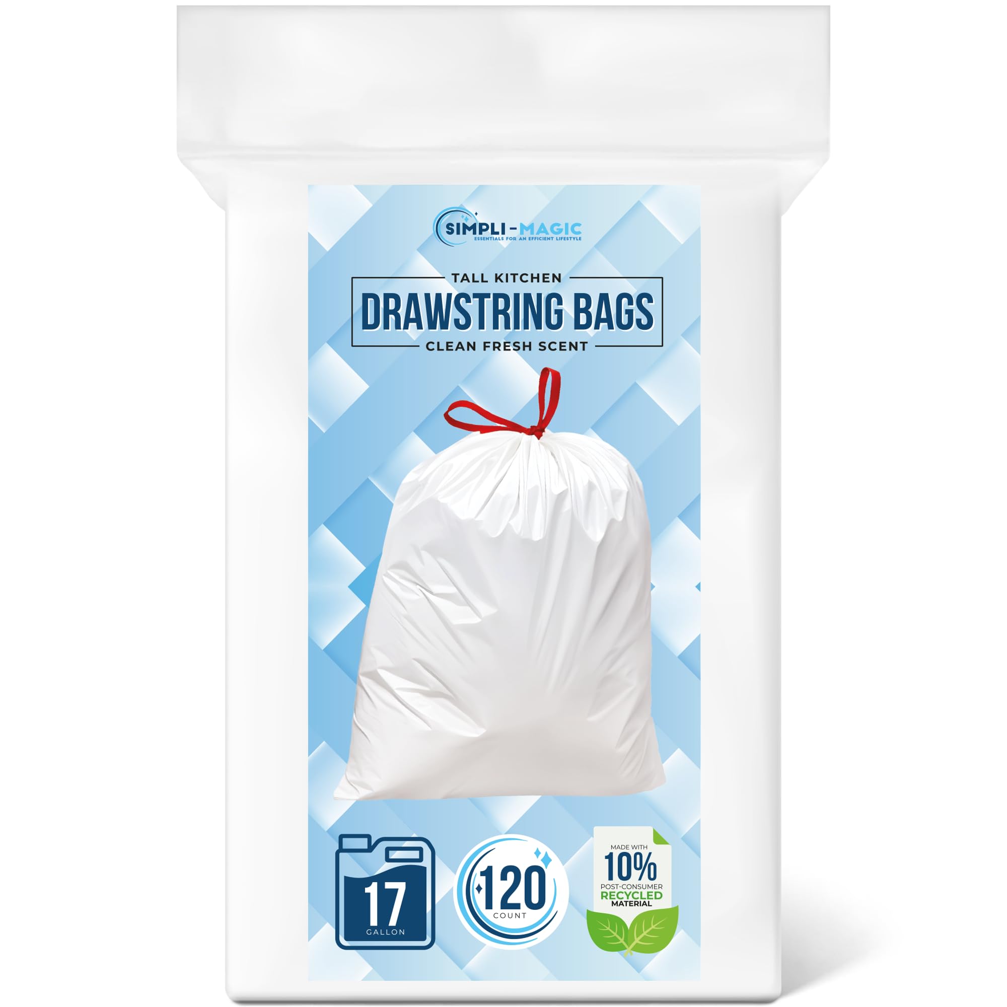SIMPLI-MAGIC 17 Gallon Drawstring Trash Bags, 120 Pack – Tall Kitchen Garbage Bags, Custom Made with Premium Materials (White)