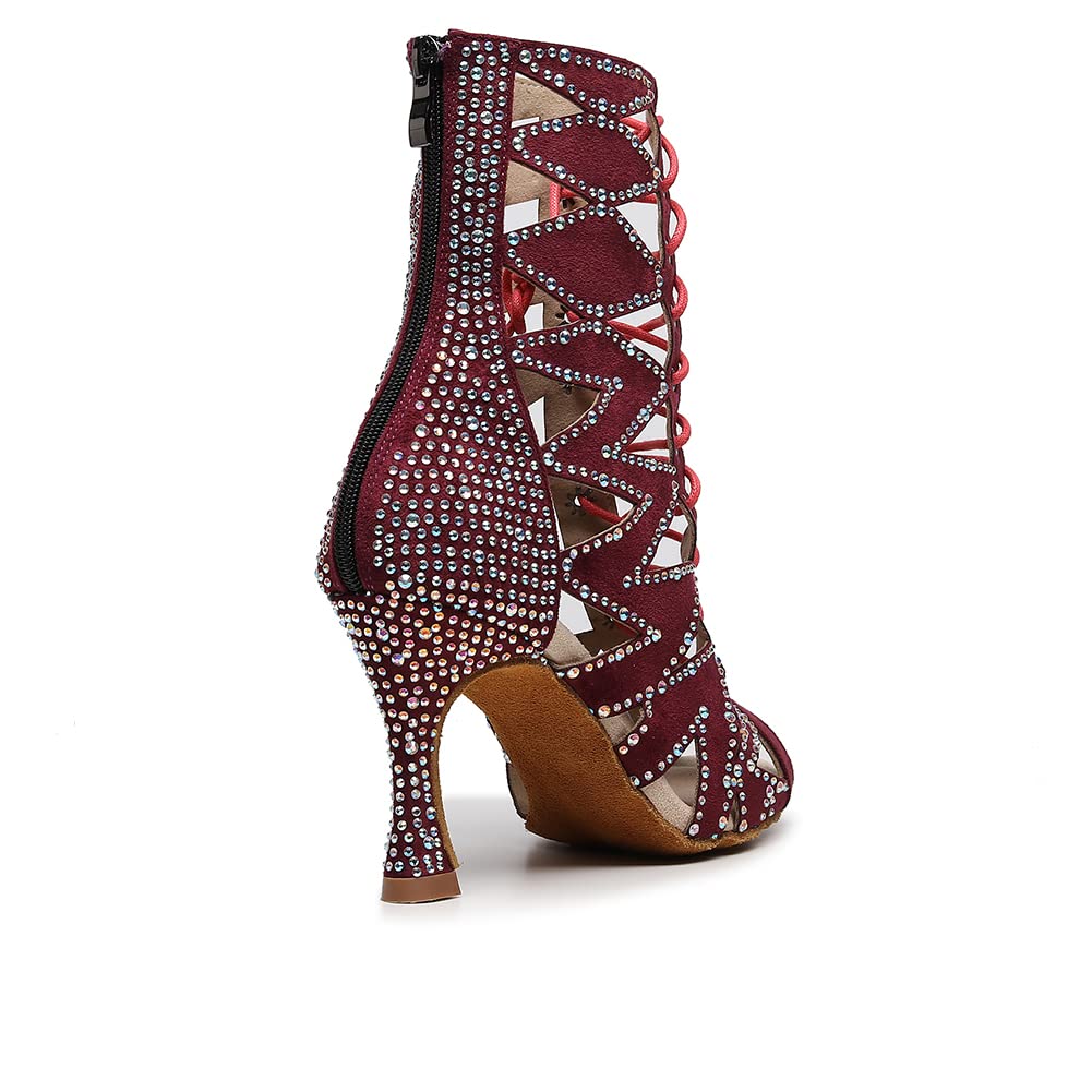 HIPPOSEUS Women's Latin Dance Shoes Rhinestone Red Peep Toe Ballroom Salsa Jazz Dance Shoes Zip Back Ankle Dance Boots,8 US