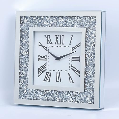 Reloj de espejo plateado brillante brillante con diamantes de imitación para decoración de pared, espejo de cristal plateado, decoración del hogar,