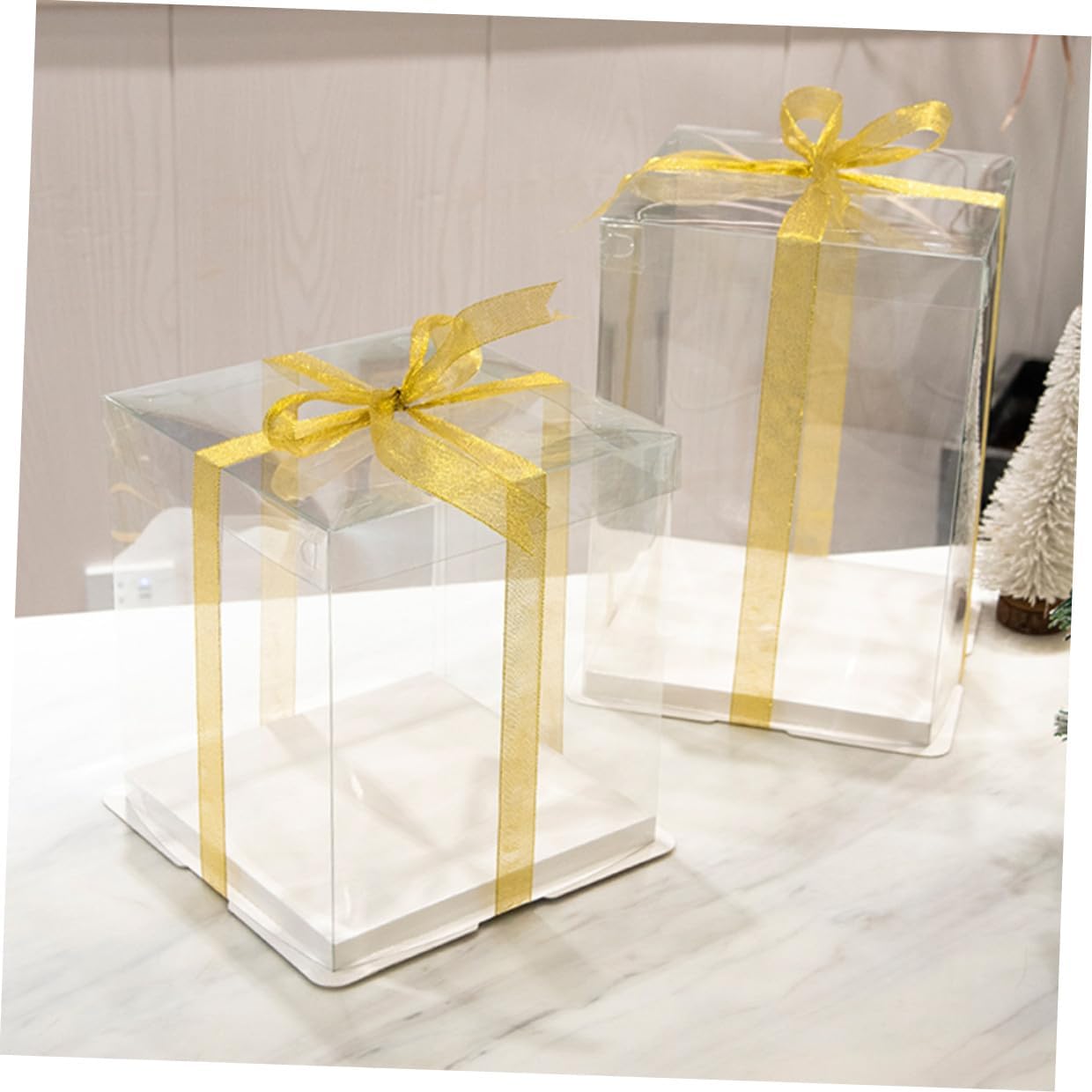 KICHOUSE 5pcs 8-inch Double-layer Square Cake Packing Boxes with Ribbon, Food-grade Cake Holder Containers for Birthday and Party Dessert Storage