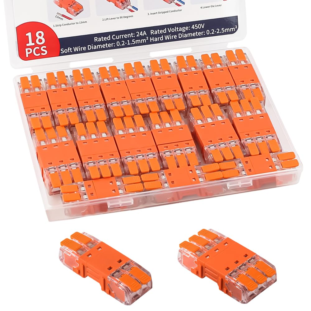 18pcs Lever Wire Connectors, 2/3 Ports Electrical Splicing Compact Nuts Connectors Kit for Wiring with Storage Case AWG 24-13