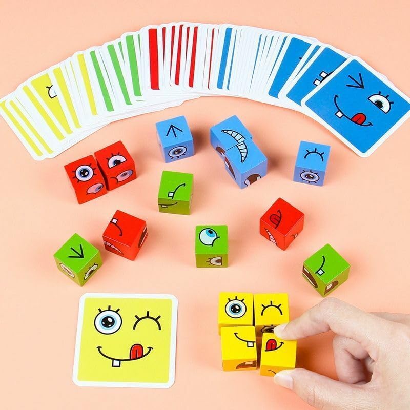 Image of PLUSPOINT Wooden Emoji Face Changing Cube Puzzle Game Expressions Matching Block Puzzles Building Logical Educational Training Toys 16 Face Blocks & 72 Playing Cards Birthday Gift for Kids Boys Girls