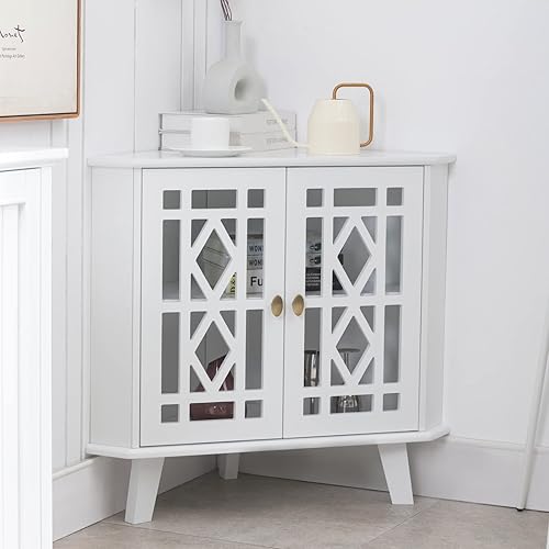 Scurrty Armario esquinero con 2 puertas y estantes de 2 niveles organizador de almacenamiento de esquina independiente para sala de estar comedor y