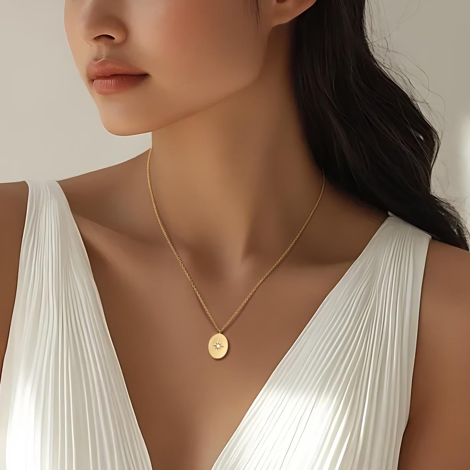 Gold Pendant Necklaces for Women 14K Gold Necklaces for Women North Star Pendant Necklaces with Cubic Zirconia Simple Meaningful and Beautifully Design Simple Oval Necklace - Image 5