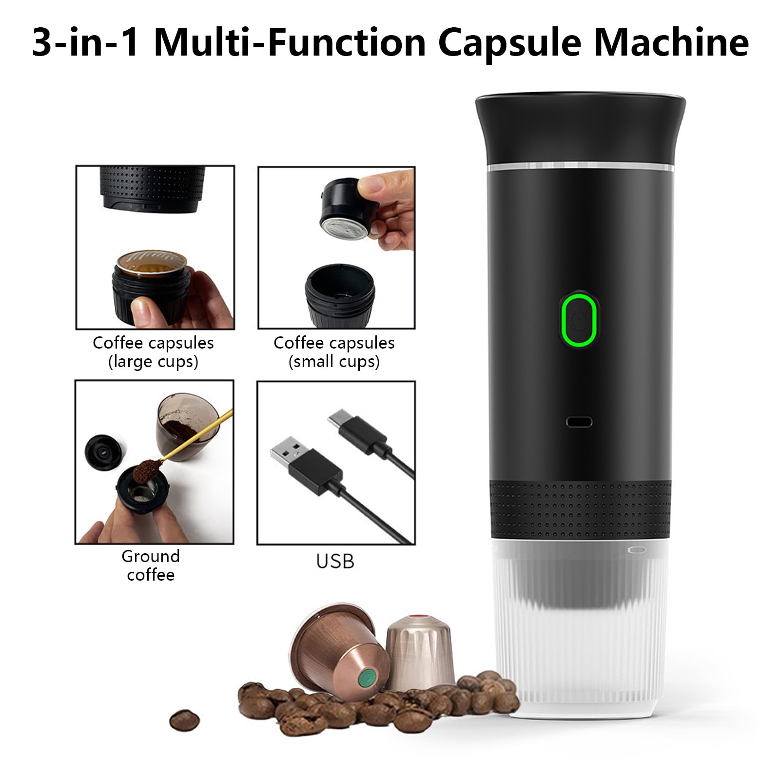 Macchina da Caffè Espresso Portatile, Macchina per Caffè Espresso Elettrica 3 in 1, 60ml Caffettiera Elettrica da Viaggio con Batteria per 12V Auto e Camion e Campeggio