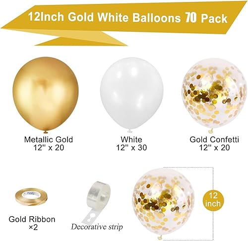 Miniatura 2 de 70 globos dorados metálicos, globos de látex blanco de confeti dorado de 12 pulgadas para cumpleaños, graduación, baby shower, boda, aniversario,