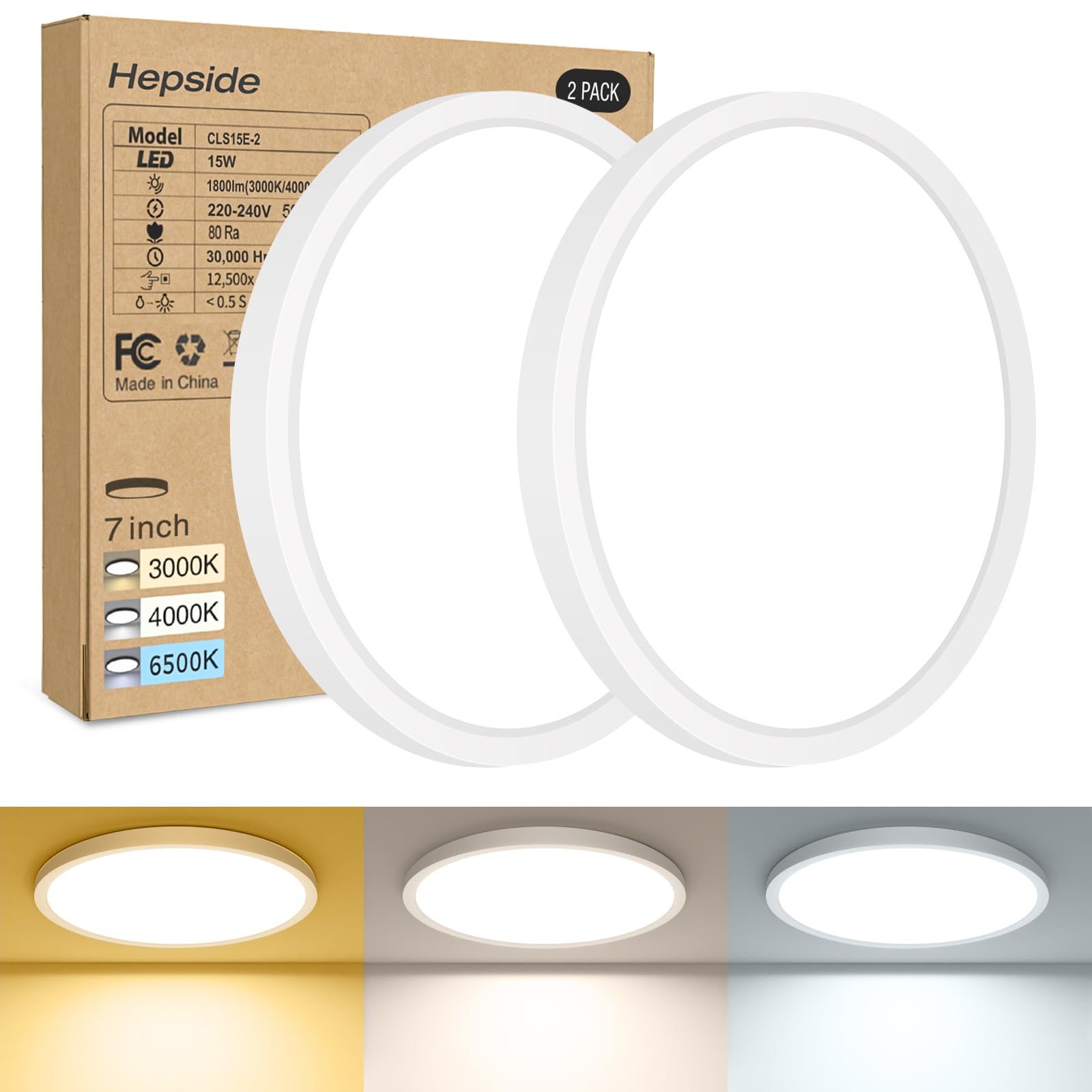 hepside 2 Piezas Plafon LED Techo Cocina 15W 1800LM, 18cm 3 Colores 3000/4000/6500K Lampara Techo LED,IP44 Impermeable Luz, Ultra Delgado Downlight para Cocina,Salon,Pasillo,Baño