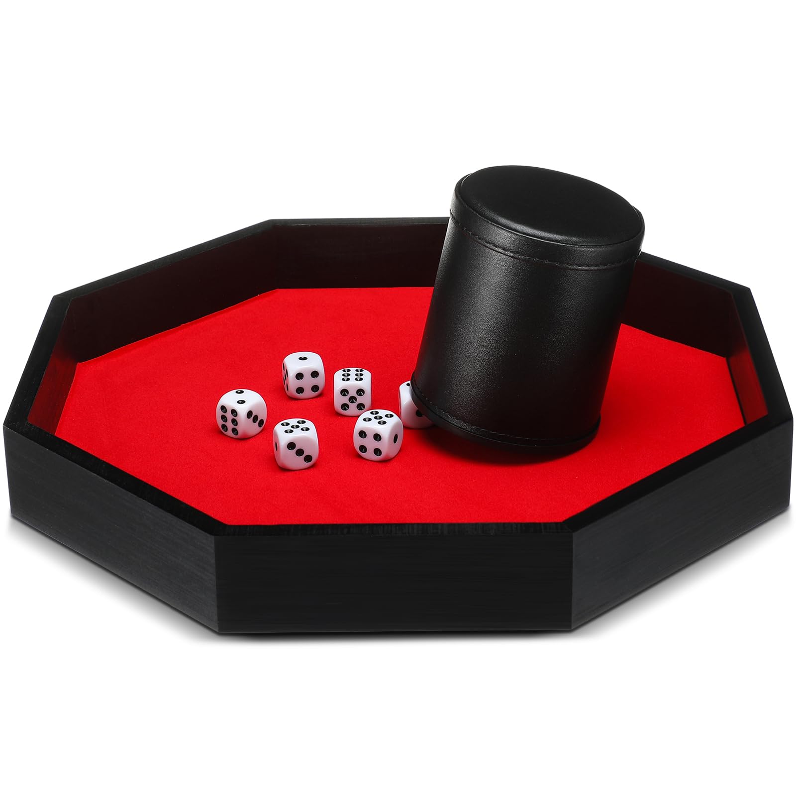 MiniInflat Achteckiges Würfelbecher-Set mit hölzernem Würfeltablett mit Filz ausgekleidetem PU-Leder Würfelbecher mit 6 Punkten für Tischspiele (schwarz)