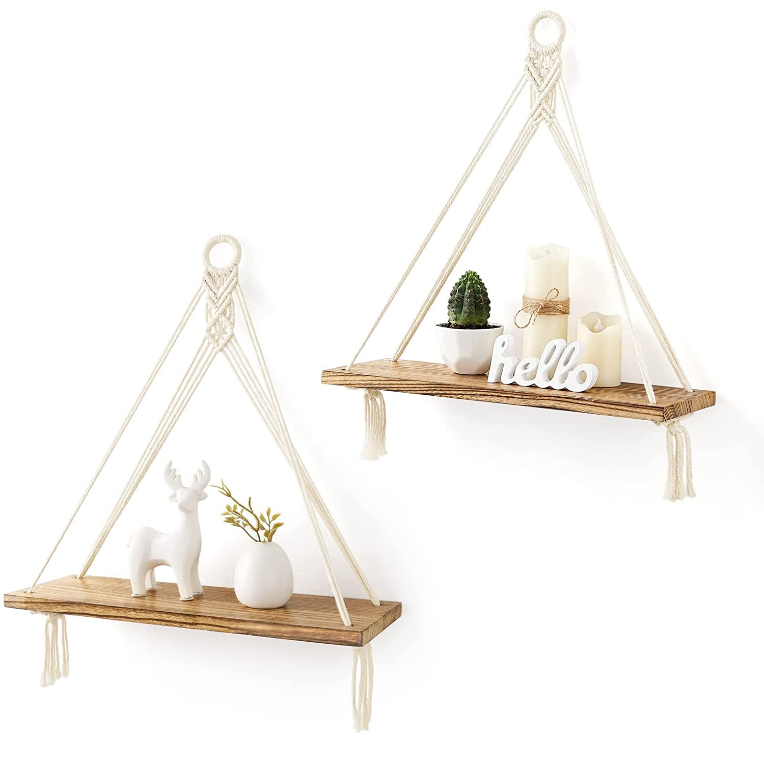 Saaz Decorative Macrame Shelves Rustic Wood Floating Storage Shelf for Bedroom Bathroom Living Room Nursery Dorm Room, Display, Boho Wall Decor Set of 2