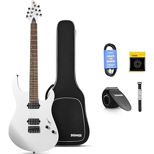 Donner Solid Body Electric Guitar, Matte Finish 39 Inch Metal Electric Guitar Beginner Kits with Bag, Strings, Strap, Cable, Strings Dampener for Rock Music Lover, DMT-100 (Matte White)