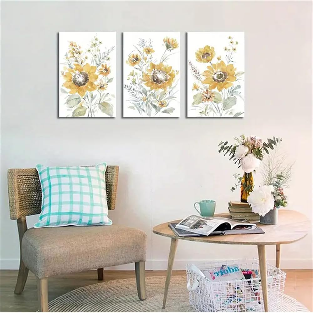 Wbyzac Multicolored Botanical Posters-Floral Yellow Flowers Canvas Pictures Abstract Sunflower Watercolor Painting Yellow Botanical Artwork For Living Room Bedroom Home Office Decor-60 * 70Cm*3Pcs (No Frame)