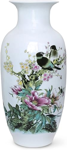 Dahlia Famille - Florero de rosa, hecho a mano, porcelana china, pájaros en peonía #2, forma de rouleau de 14.5 pulgadas