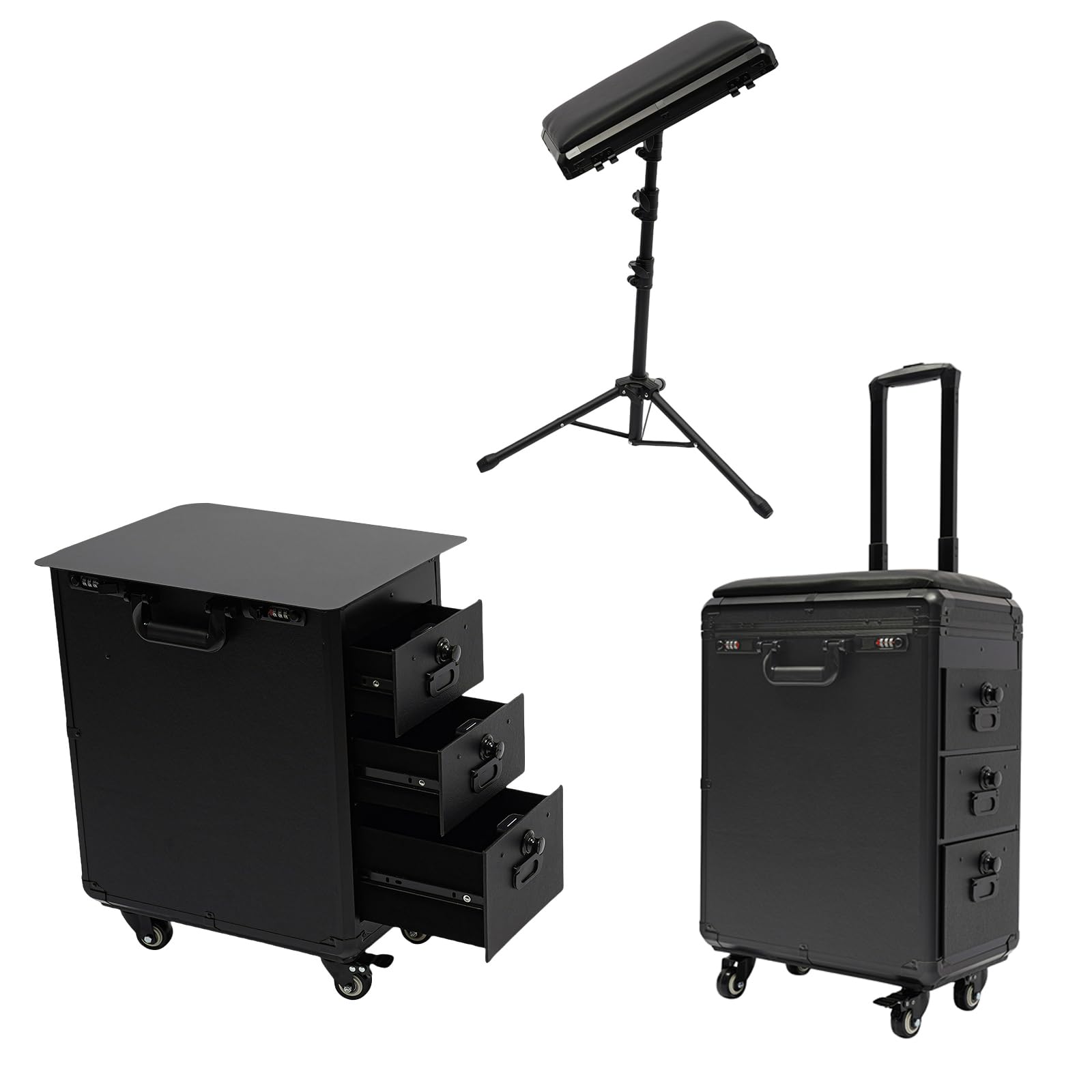WUPYI Tattoo Travel Case with Tattoo Armrest,3 Drawers Portable Tattoo Workstation Makeup Train Case with Combination Lock and Wheels,for Tattoo Professional Artist Salons