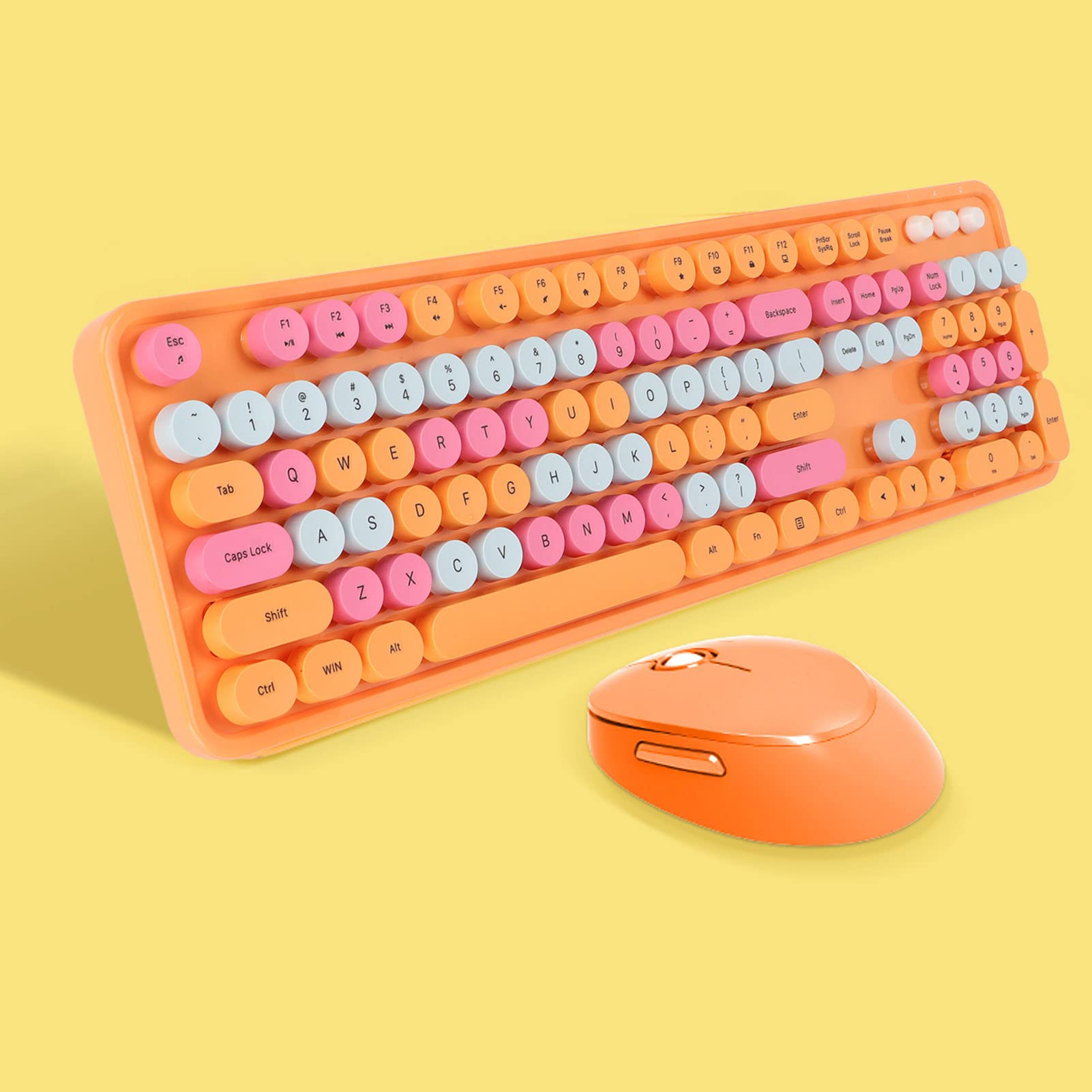 SOLIDEE Tru00e5dlu00f6s Tangentbord Och Mus Combo,Retro Skrivmaskins Tangentbord,2.4GHz Rundtangentbord Med Nummerknapp,104 Tangenter Fullstorlek Ergonomiskt Tangentbord(US Layout QWERTY)(Orange Gradient