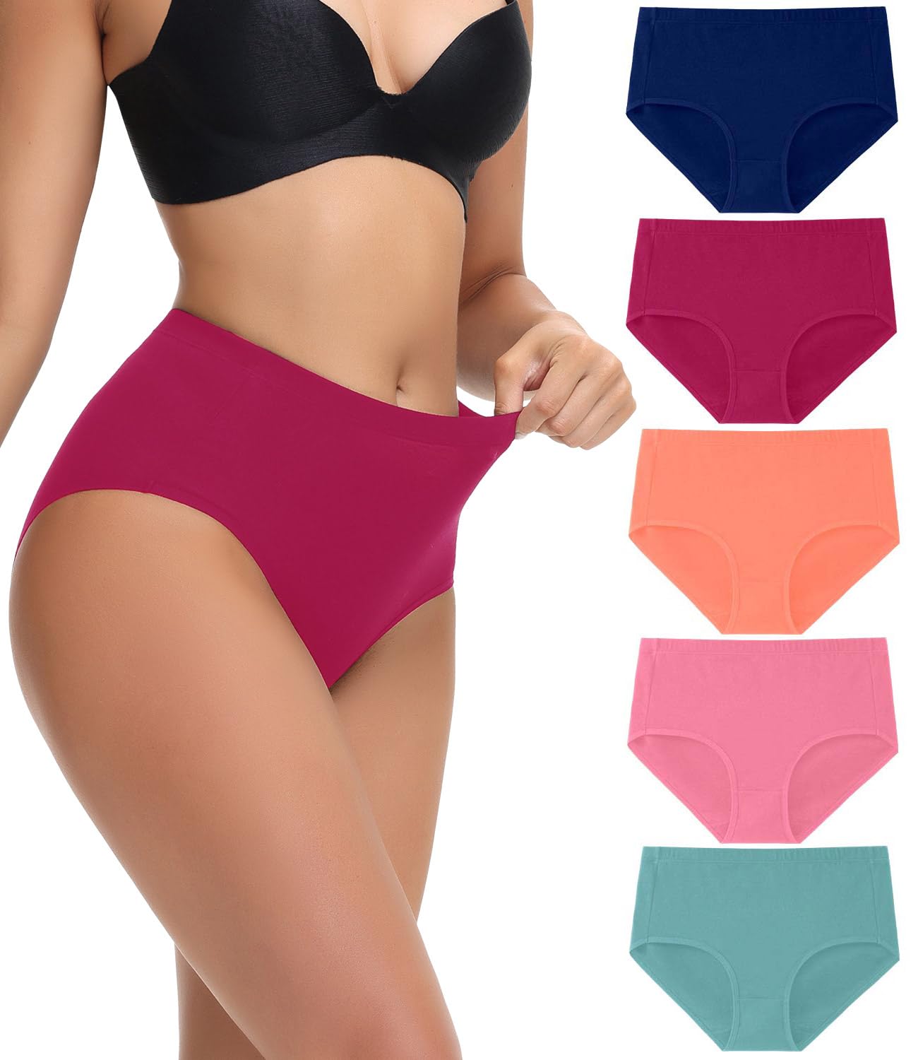 wirarpa Women's Cotton High Waisted Underwear Full Coverage Cotton Brief Panties 5 Pack