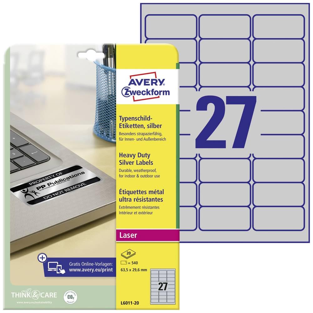 Avery Zweckform L6011-20 Heavy-Duty Labels 63.5 x 29.6 mm Weather-Resistant 20 Sheets / 540 Labels Silver