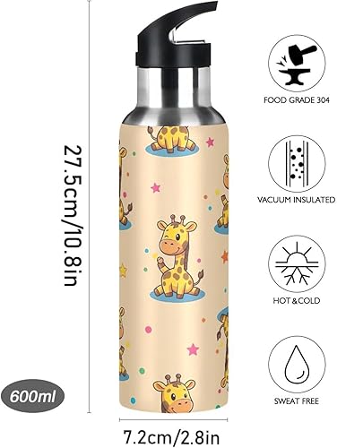 Miniatura 9 de Botella de agua deportiva sin BPA de 20 onzas, botella de agua aislada para gimnasio, viajes al aire libre, escuela, lindas jirafas beige