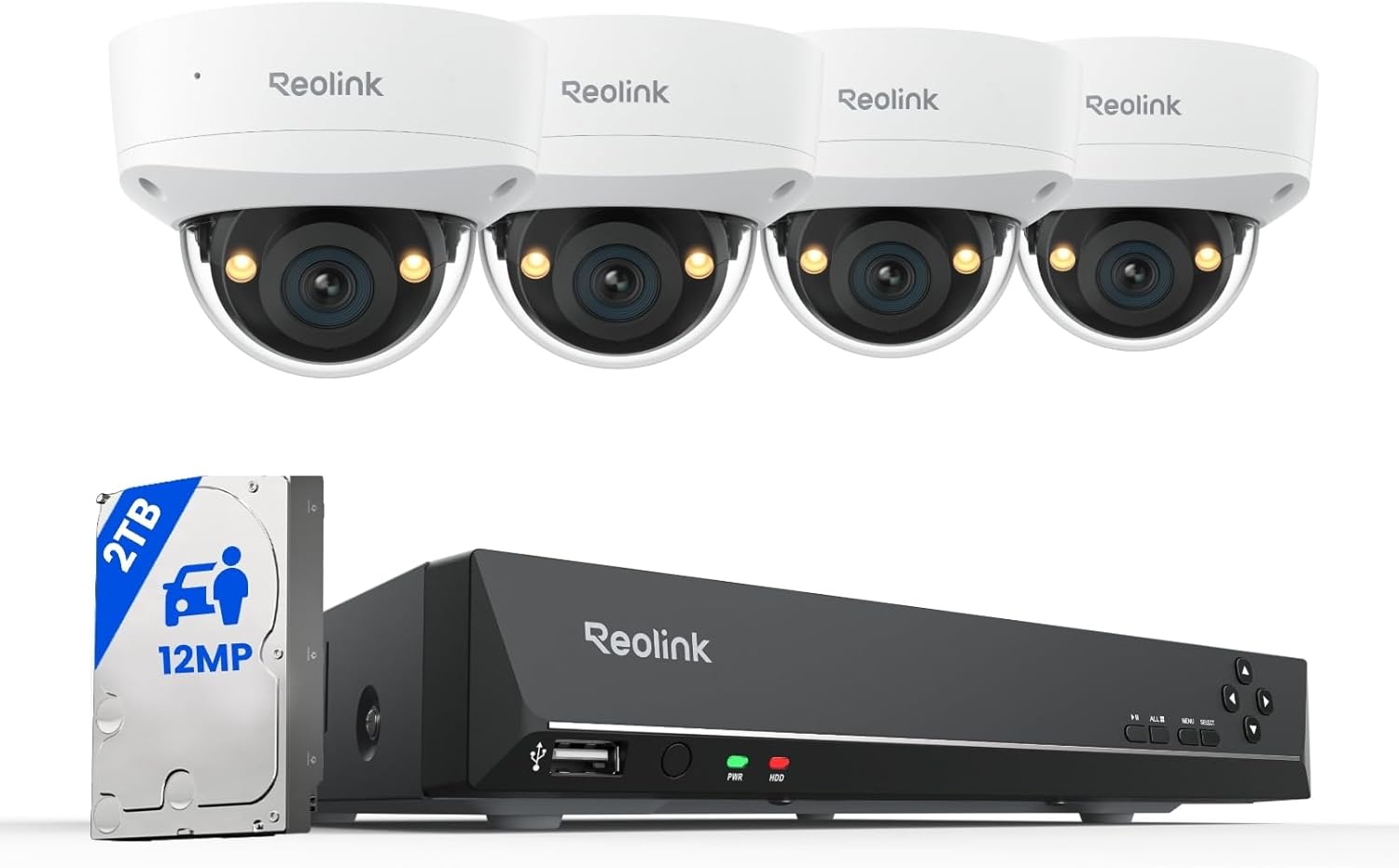 Reolink 12MP 8CH PoE Security Camera System with IK10 Vandalproof, 4pcs Dome PoE Cams Outdoor, Spotlights Color Night Vision, Built-in 2TB HDD, Smart AI Detection, Two-Way Talk, RLK8-1200V4 Reolink 12MP 8CH PoE Security Camera System with IK10 Vandalproof, 4pcs Dome PoE Cams Outdoor, Spotlights Color Night Vision, Built-in 2TB HDD, Smart AI Detection, Two-Way Talk, RLK8-1200V4