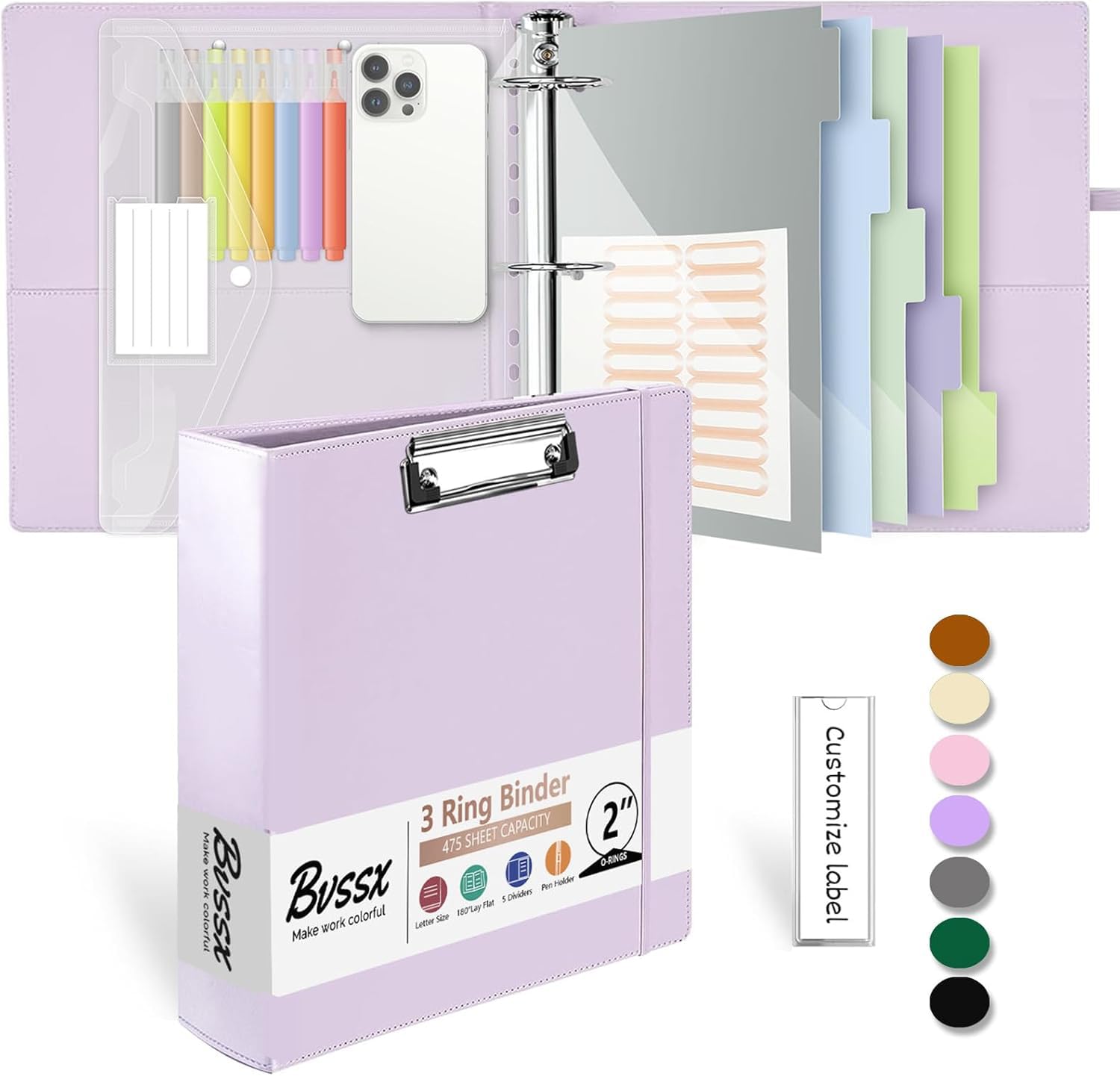 Leather 3 Ring Binder, 2 Inch Binders with Clipboards, 5-Tabs Pockets Dividers, 18 Divider Stikers, Plastic Folder, Pen Holder, Three Ring Binder with