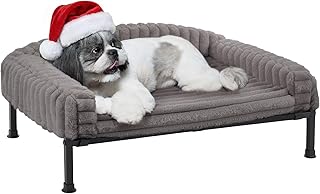 Veehoo Elevated Dog Bed with Bolster Cushion, Fluffy Plush Dog Couch Beds for Small Dogs, Cats, Washable Raised Pet Cot with Non-Slip Feet for Indoor or Patios Use, 30 x 20 Inches, Grey