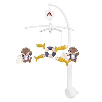 Fehn Music-Mobil Otter - Mobile Mobile with Music Box Melody Mozarts Cradle Song and Figures for Calm and Employment - with Bed Bracket for Babies from 0-5 Months