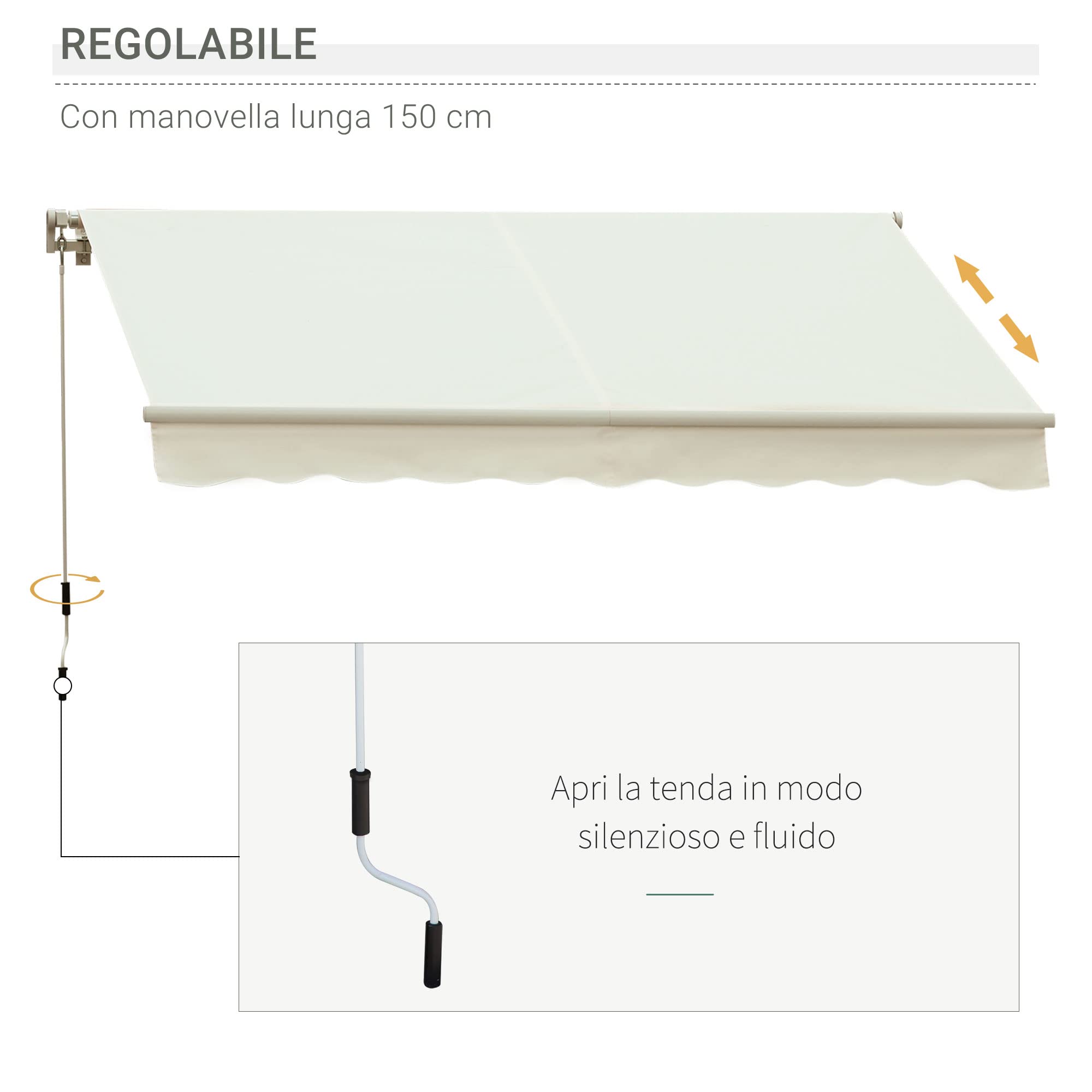 Outsunny Tenda da Sole Avvolgibile a Caduta Manuale 295x245cm Bianco Alluminio Poliestere Anti-UV