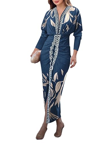 Women's Bodycon Long Sleeve Dress Casual Plunge V Neck Ruched