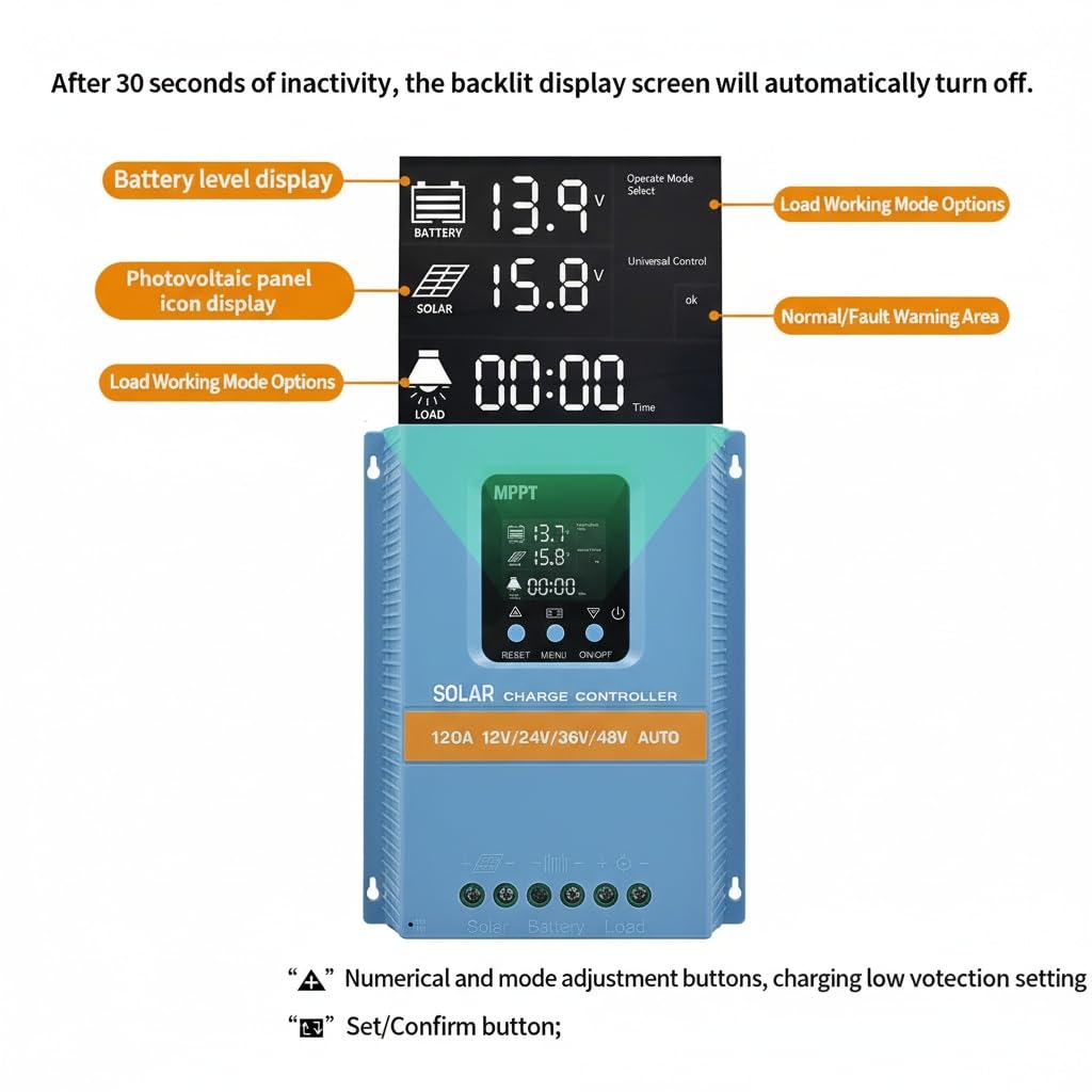 Profesjonalny kontroler ładowania solarnego MPPT 120 A, 12 V/24 V/36 V/48 V, wyświetlacz LCD, podwójny USB, wejście 100 V, do domu, kampera, łodzi