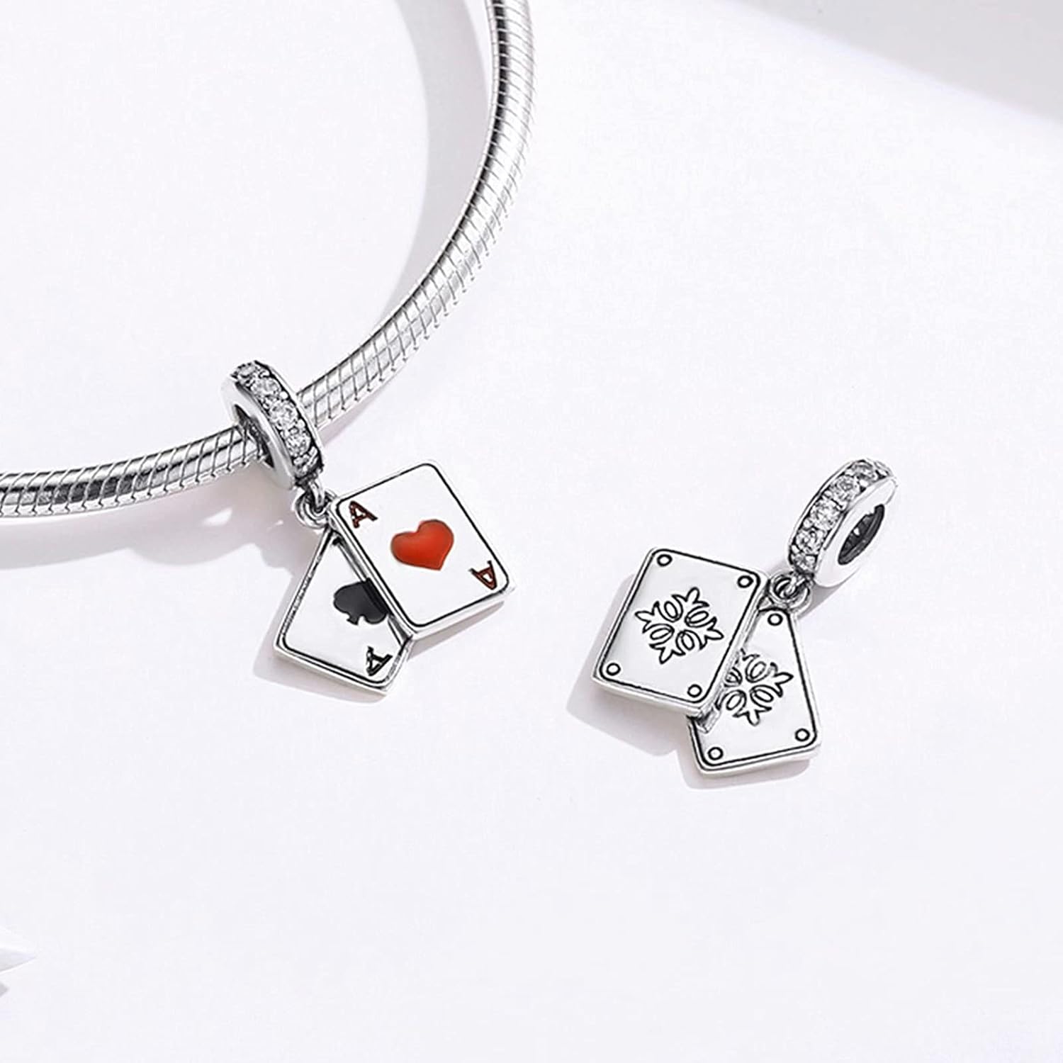 925 Sterling Silver Playing Card Charms for Bracelets Necklace, Poker Ace of Hearts Spades Lucky Pendant Dangle Charms Bracelet for Women - Image 3