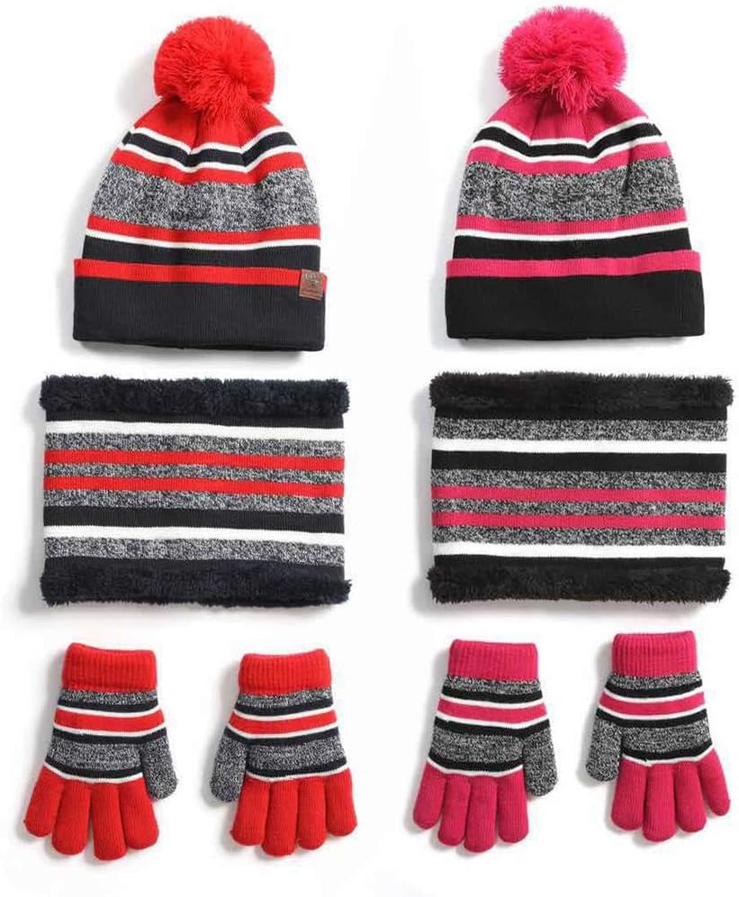 Scarf,Winter Beanie Hat Scarf Gloves Set for Kids Boys Girls Striped Skullcap Mittens Neck Warmer with Warm Fleece Scarf(Rose Red)