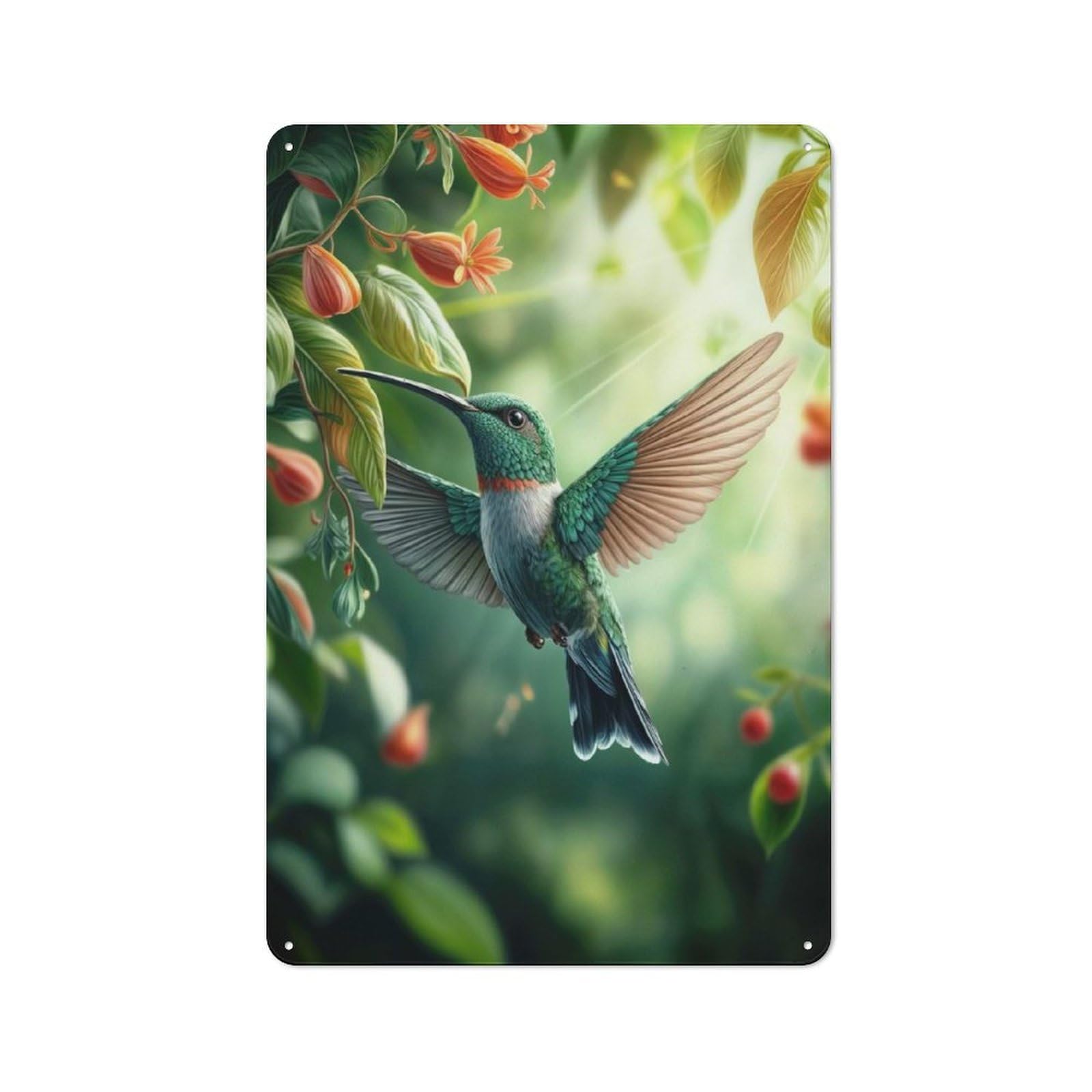 30x20cm Retro Metal Plaque with Hummingbird Feeding On Flower for Garage Or Workshop, Housewarming Present for People Styling Garage And Workshop