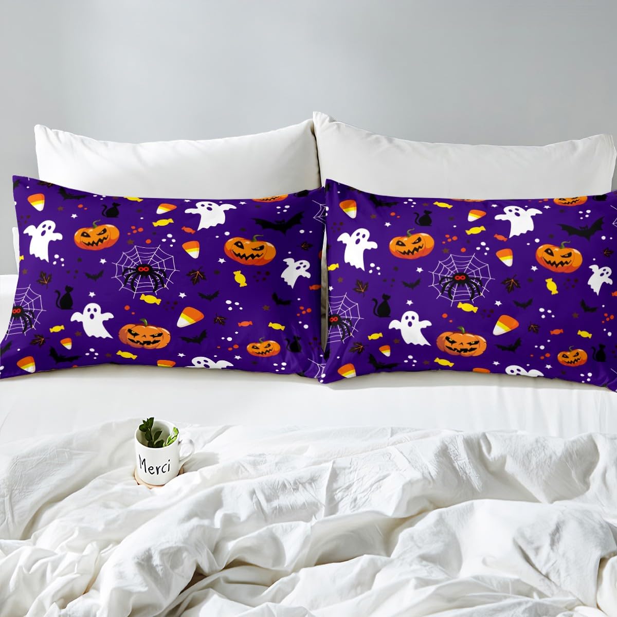Podwójna poszewka na kołdrę na Halloween, zestaw pościeli z dynią dla dzieci dziewcząt chłopców nastolatków dorosłych, duch gotycki upiorny pokrowiec na kołdrę pająk nietoperz cukierki narzuta na