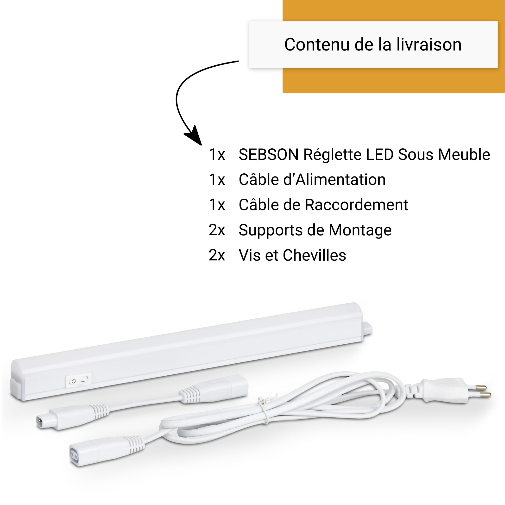 SEBSON Réglette LED sous Meuble Cuisine 60cm avec Prise et Interrupteur, Blanc Neutre 4000K 9W 1400lm, Barre LED 230V, Lampe de Cuisine 570x30x22mm
